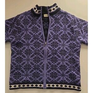 LL Beans Knit Cardigan Womens M Purple Nordic Snowflakes Zip Cotton Sweater